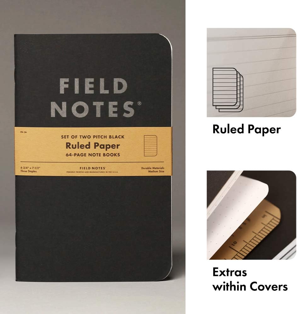Field Notes 2-Pack Pitch Black Notebooks (4.75" X 7.5"), Ruled, 64 Pages | Thin Pocket Sized EDC Notebook With 90 GSM Paper & Paperback Cover | Work Notebooks For Note Taking | Made in the USA