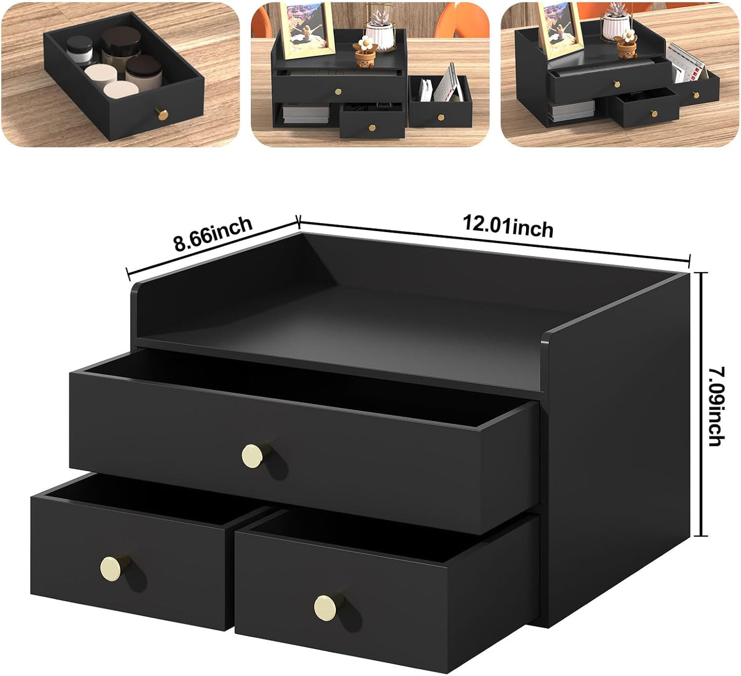 Bamboo Desk Organizer with Drawers Wooden Desktop Storage Organization Box for Bills Office Supplies Kitchen Utensils Organizing Tool for Home Classroom Vanity, No Assembly Required (3 Drawers, Black)