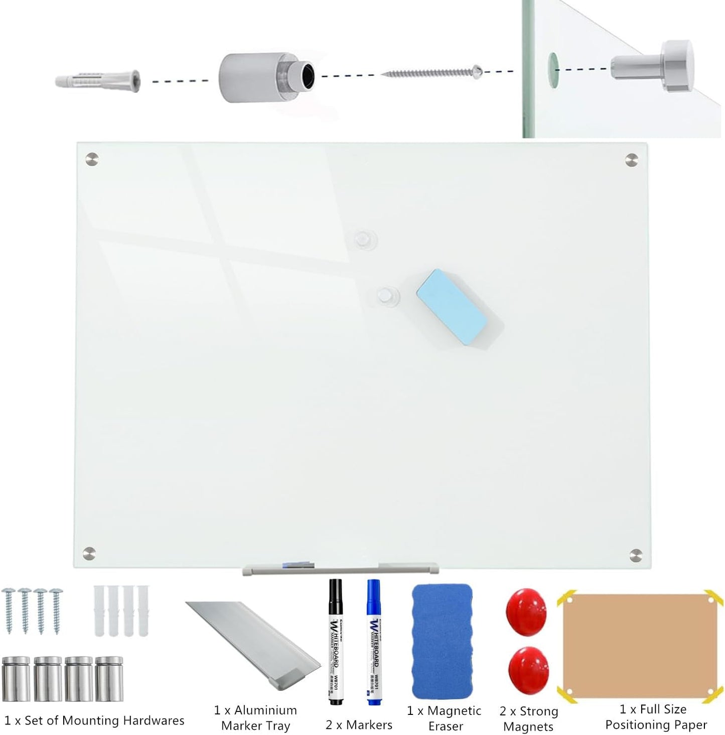 Glass Whiteboard Magnetic Dry Erase Board 48 x 36 Inches, Wall Mounted Glass White Board for Office School Home.