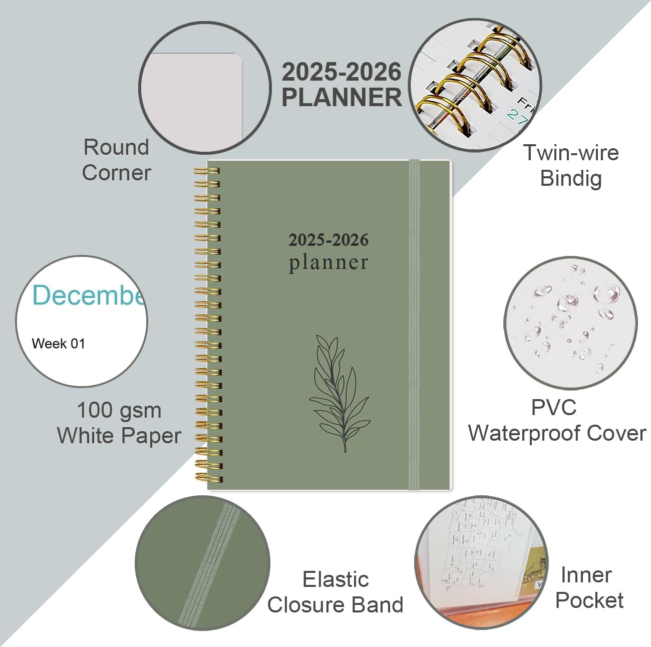 2025-2026 Planner - Academic Planner 2025-2026 from July 2025 - June 2026, Weekly & Monthly Planners Spiral Bound with 12 Monthly Tabs, Inner Pocket, 6.4" x 8.5", Green