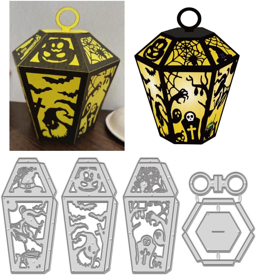 GLOBLELAND 3D Halloween Lantern Cutting Dies for Card Making Witch Spider Bat Black Cat Cut Die for DIY Scrapbooking Journal Embossing Paper Craft Decor