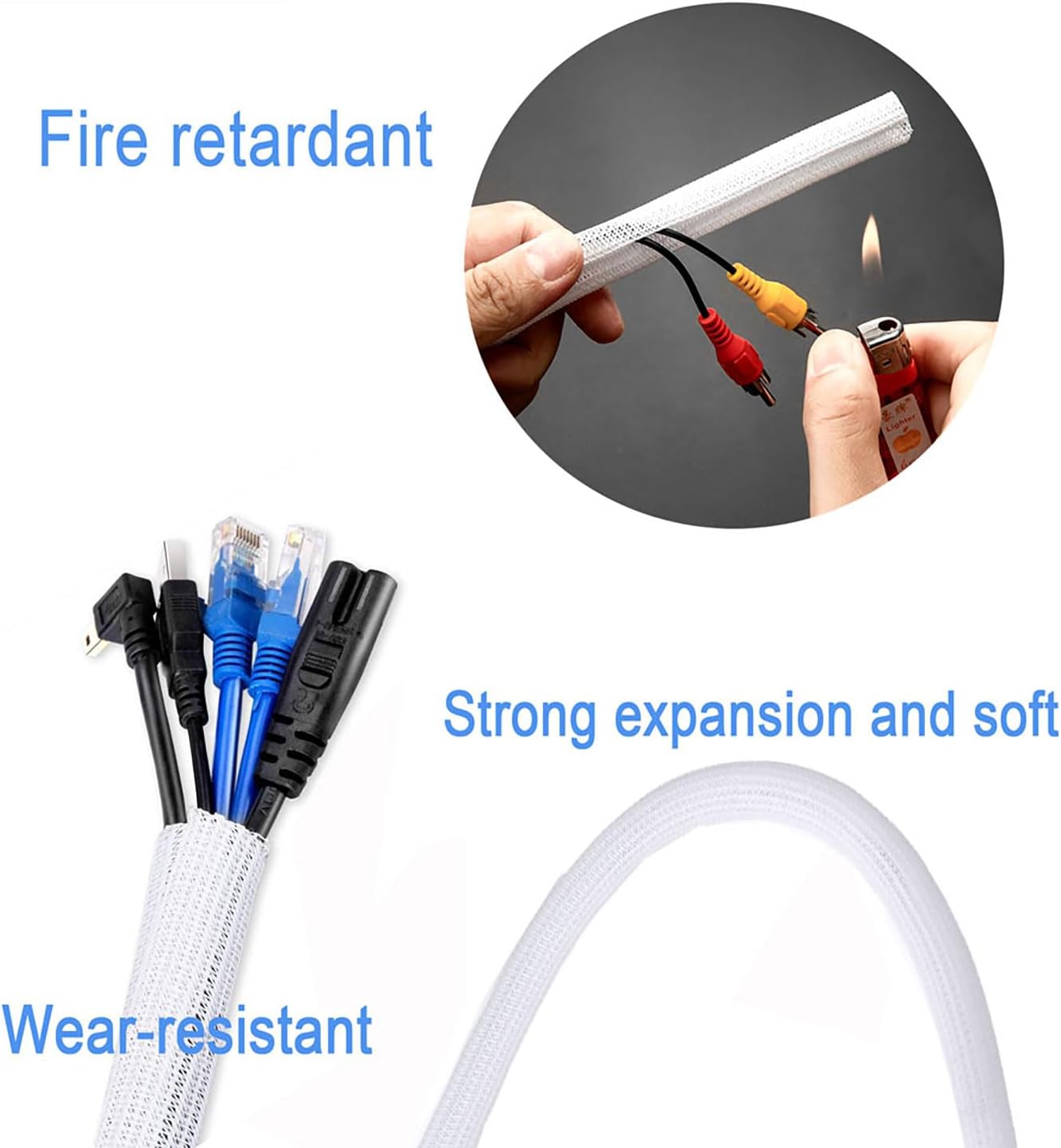 1/2" x 10ft Black/White Cable Sleeve - Protects Cords from Pets & Organizes Wires - Modern Style - Polyester Material - Flame Retardant - Easy to Use & Cut(White, 1/2"-10ft)