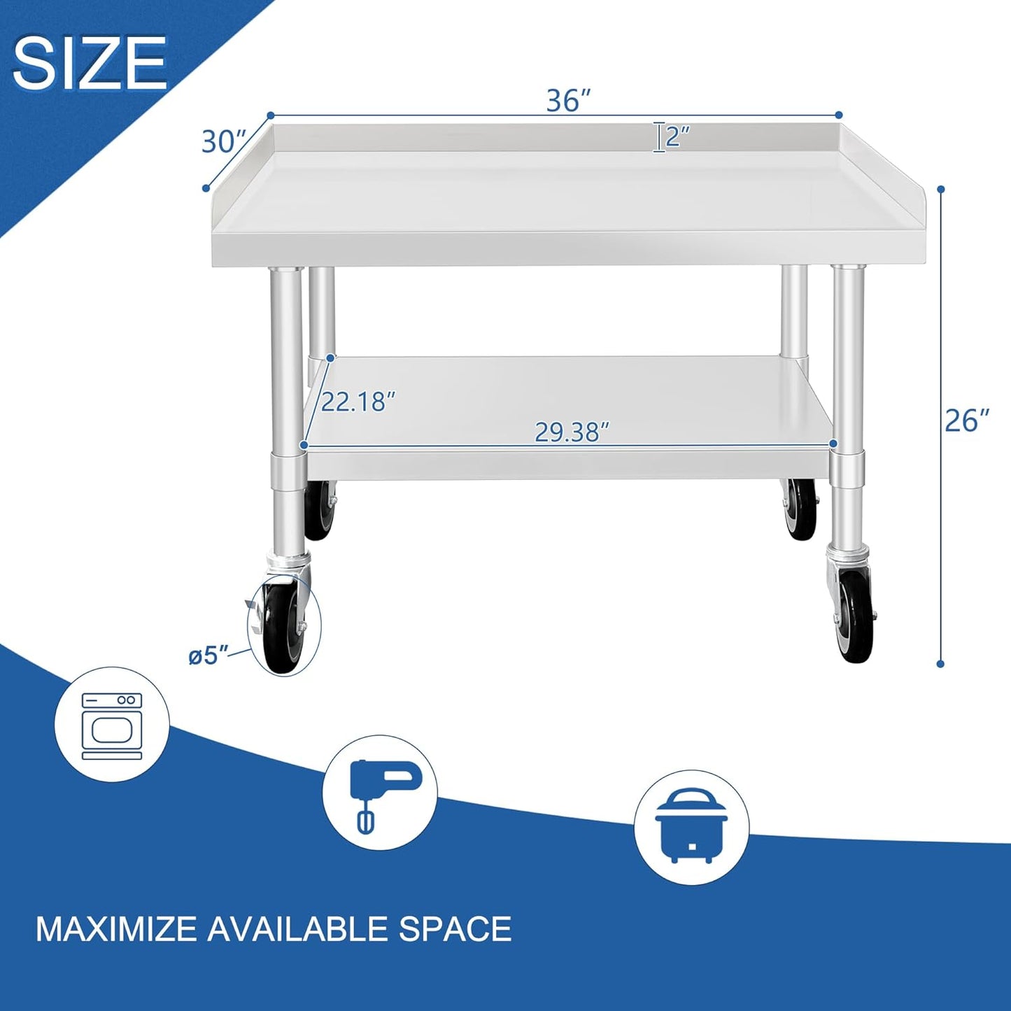 HARDURA Stainless Steel Equipment Work Stand 30" x 36" Prep Table with Under Shelf and Caster for Commercial & Workplace, Home, Hotel, Garage