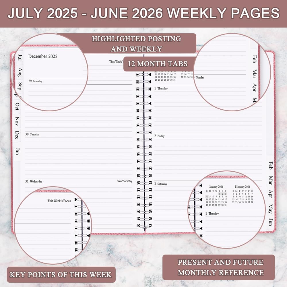 Planner 2025-2026 - Weekly & Monthly Planner Runs from Jul 2025 to Jun 2026, 8.5 x 11", 12 Month Tabs, Inner Pocket, PU Leather Cover with Twin-Wire Binding, Monthly Planners 2025-2026, Rose