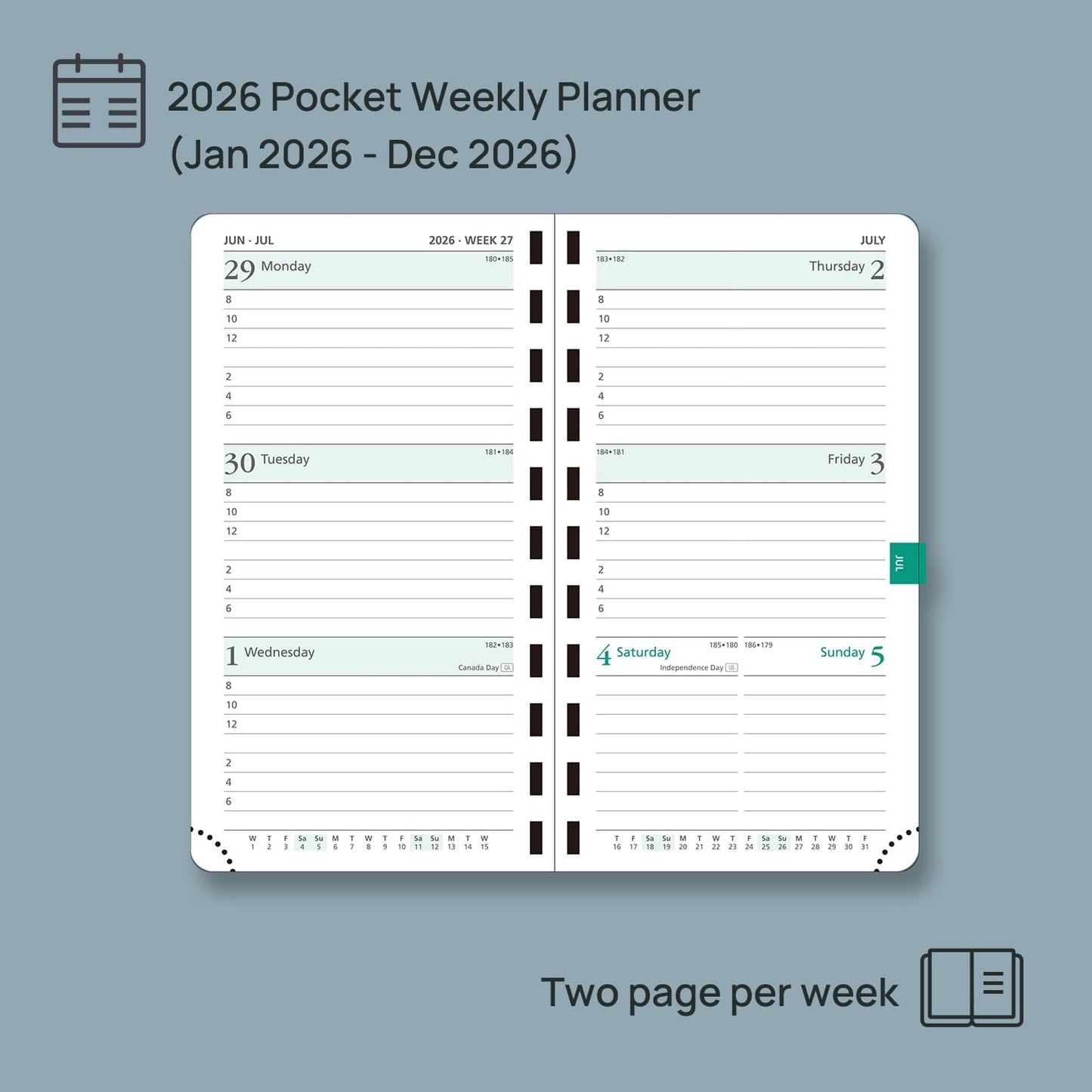 POPRUN 2026 Pocket Planner (Slim Size 3.5" x 6.5") Weekly and Monthly Calendar for Purse, with Hourly Time Slots, 100GSM Thick Paper, Spiral Soft Cover, Pen Holder - Green