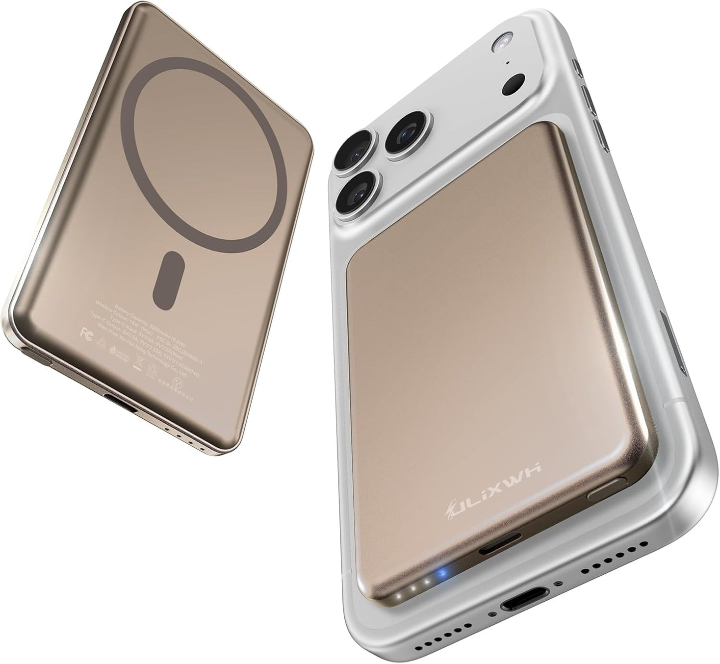 [0.3" Ultra Slim] [Alloy-Made] ULiXWH Magsafe Portable Charger for iPhone, 2025 Upgrade 5000mAh Fast Charging Magnetic Power Bank, Wireless Battery Pack for iPhone 17 Air 16 15 Pro Max 14, Desert Gold