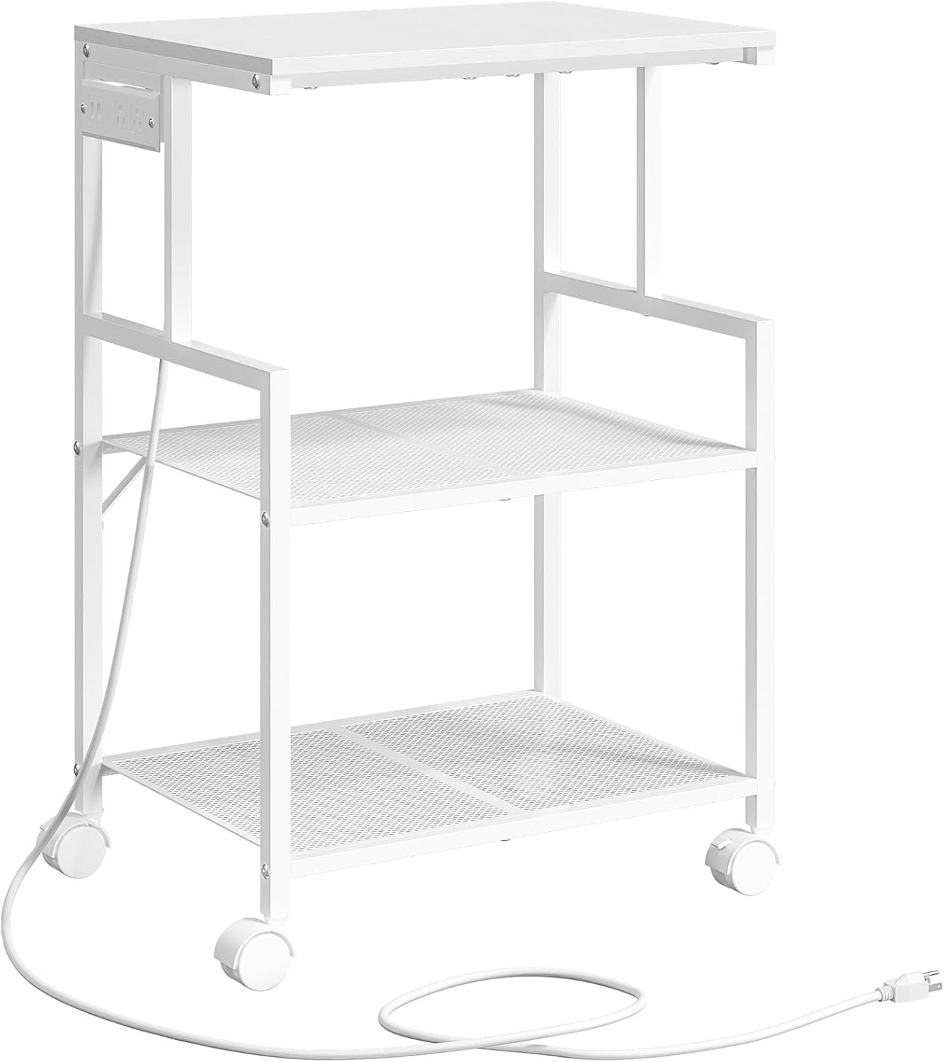 Mobile Printer Stand, 3-Tier Industrial Printer Cart with 2 AC Outlets and 2 USB Ports, Rolling Printer Table on Wheels for Home Offices Kitchen Organization Rack, White PTWT78E01