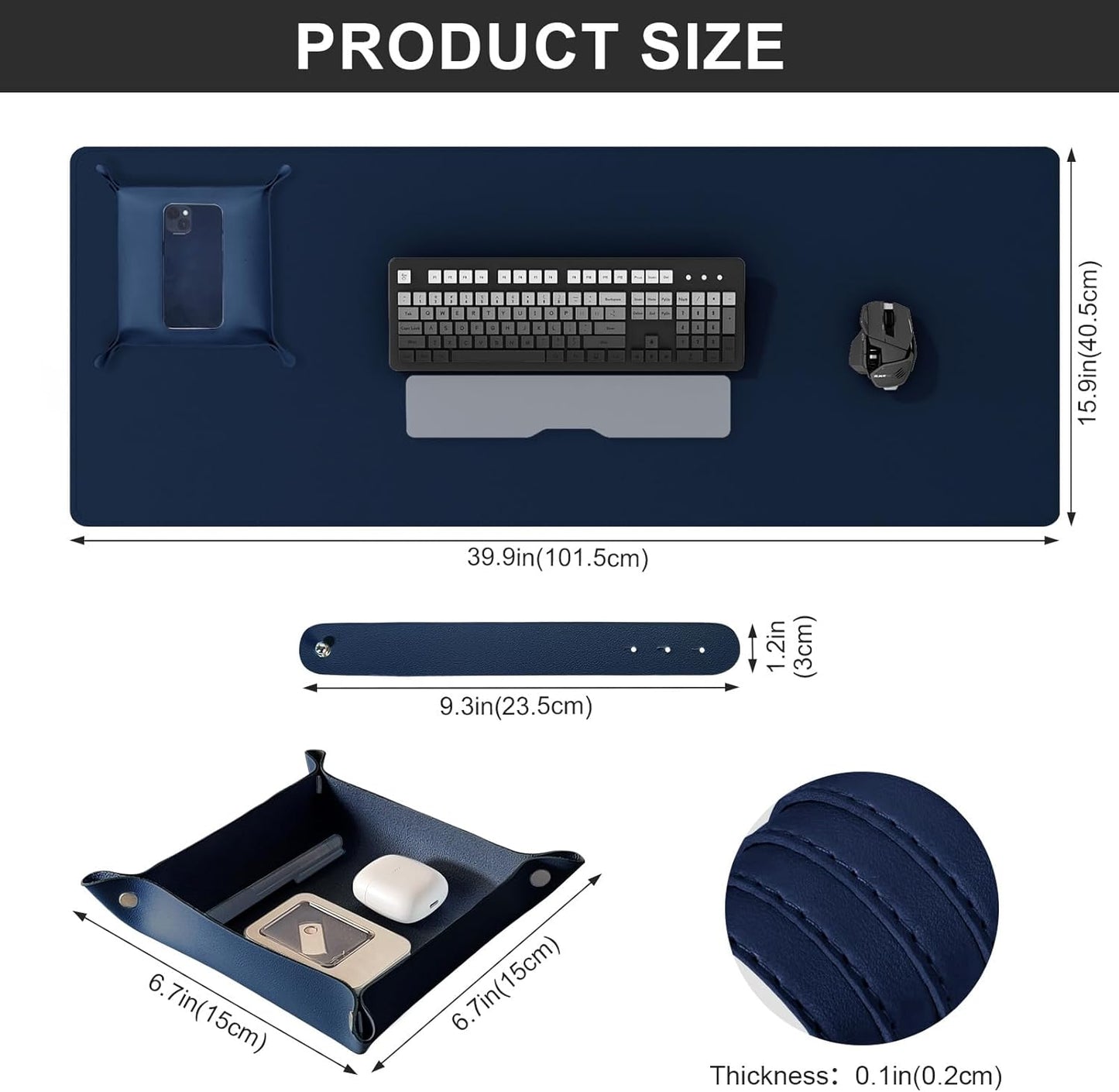 DAWNTREES Dual Sided Desk Mat,Leather Desk Pad,40"x16",Cork Desk Mat Protector,with PU Leather Valet Tray Organizer,Large Mouse Pad,Desk Writing Pad for Office and Home(Dark Blue)