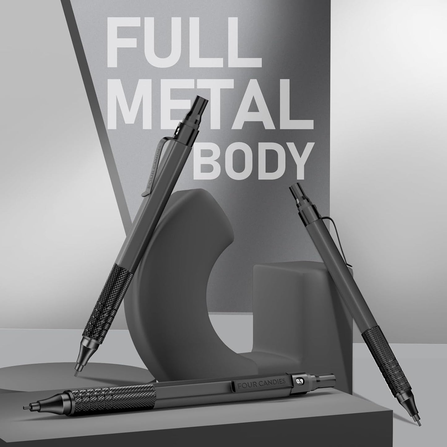 Four Candies 0.9mm Mechanical Pencil Set with Case, 3PCS Metal Artist Lead Pencil with 8 Tubes (480PCS) HB Lead Refills, 3 Erasers, 9 Eraser Refills For Engineer Art Writing Drafting, Black