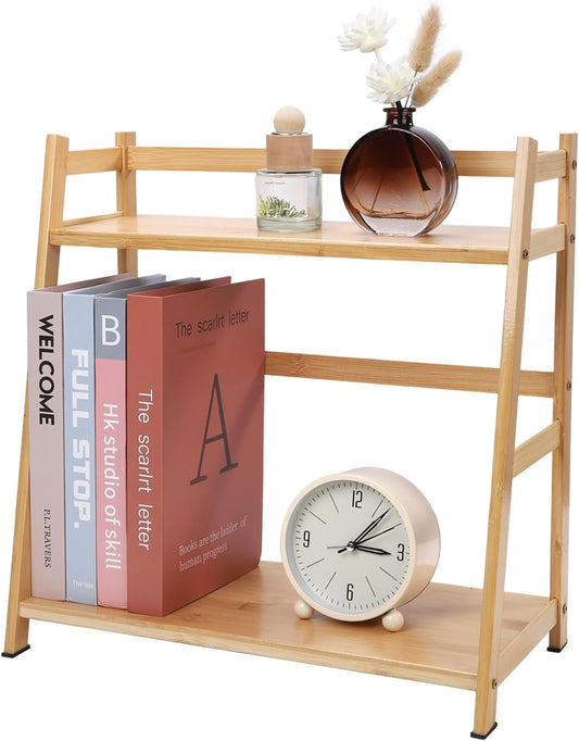 Countertop Organizer Bamboo Spice Rack 2-Tier Desktop Bookshelf Wooden Storage Stand for Kitchen, Office and Dorm, Desk Organizer for Books and Decor (Small)