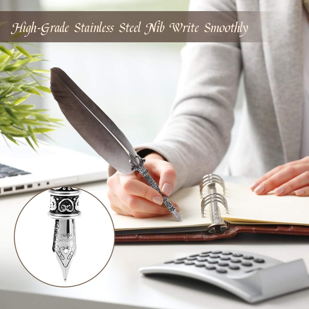 Quill Pen, Hand Made Antique Quill Dip Pen, Calligraphy Writing Drawing Pen for Students Officer, Write Smoothly, Executive Gift with Empty Ink Bottle, 6 PCS Nib for Art