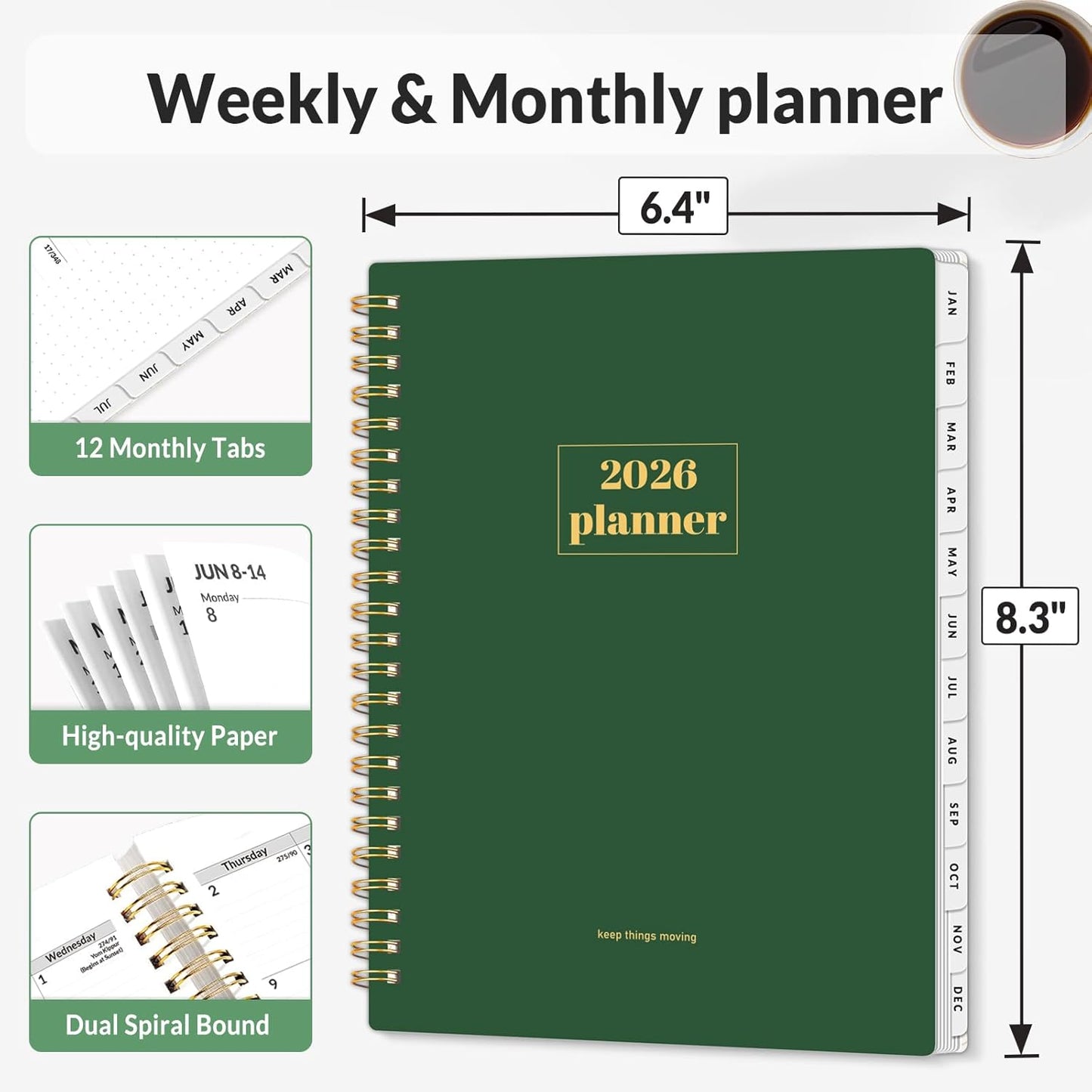 SUNEE Planner 2026 Weekly and Monthly, January 2026-December 2026, 6.4"x8.3", Tabs, Note Pages,Spiral Binding, Deep Green