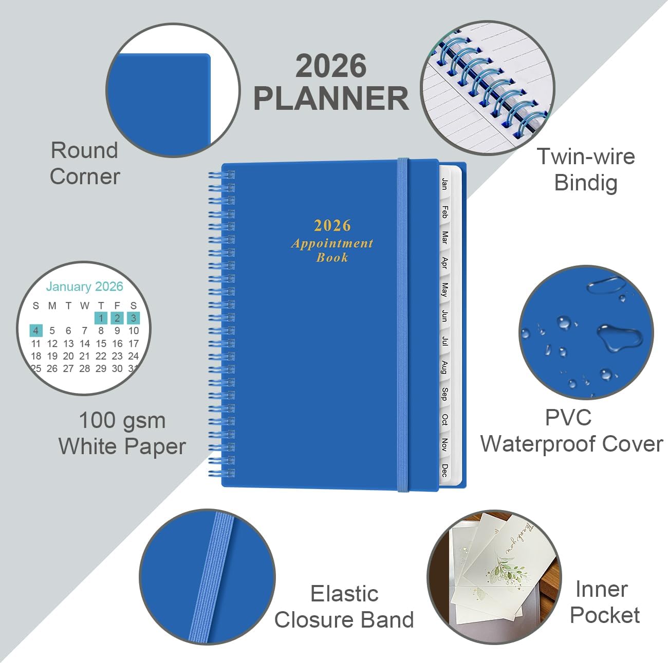 2026 Appointment Book & Planner - 2026 Daily Hourly Planner from January 2026 - December 2026, Weekly Appointment Book with 30-Minute Interval, Medium 6.4" x 8.5", Blue-B