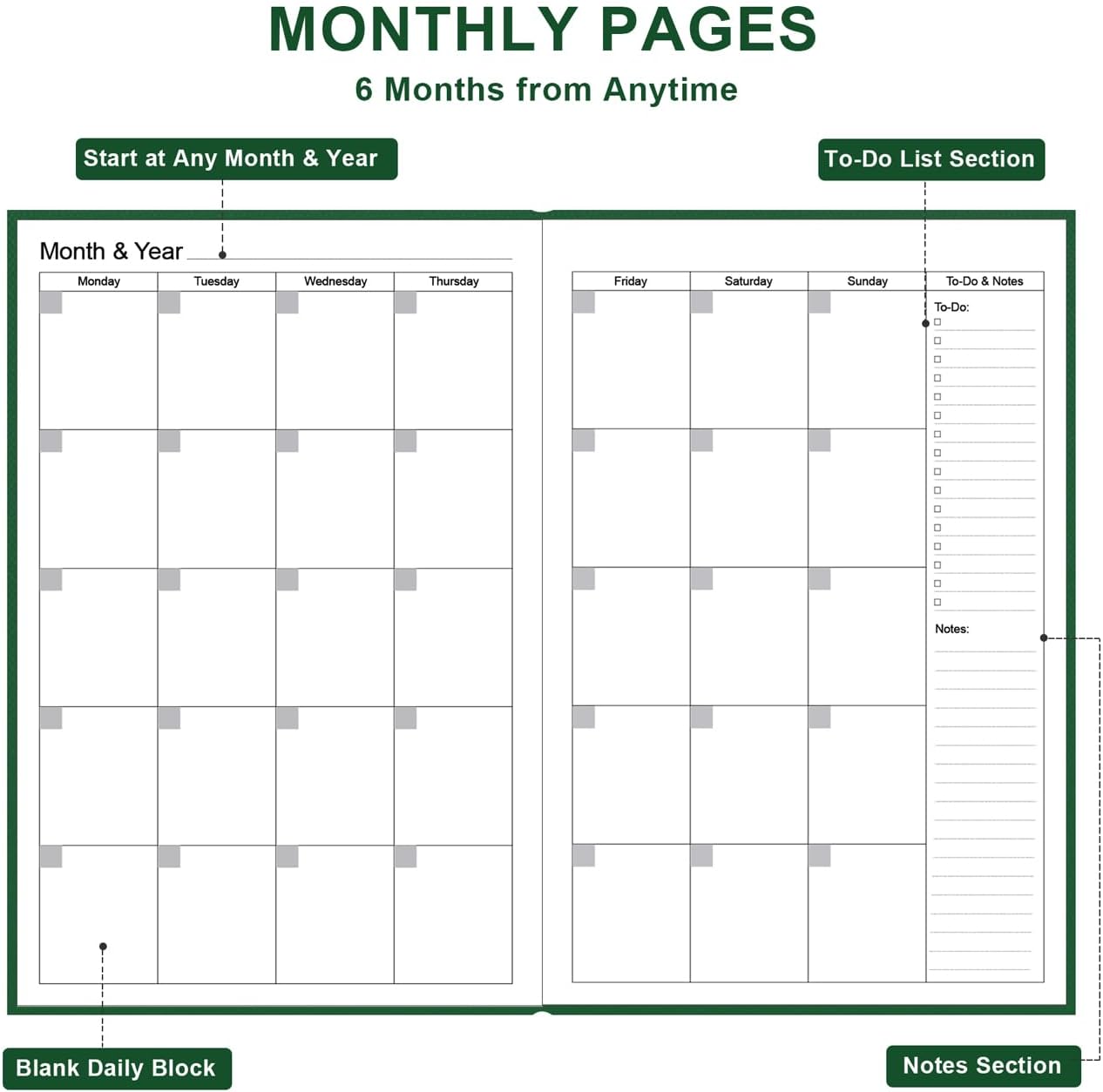 Daily & Monthly Planner for 2025 2026 or Anytime - ADHD Planner Two Pages Per Day, Daily Planner Undated to Increase Focus, Eliminate Overwhelm, Achieve Your Biggest Goals, 5.8'' × 8.3'', Green