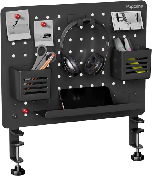 Clamp-on Desk Pegboard, Desk Organizer for Office Gaming Home, Magnetic Metal Peg Board with 10 Accessories, Privacy Panel for Office, 16.5" x 12.6", Medium, Black