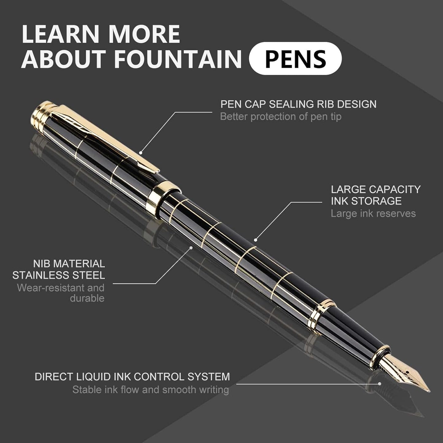 Tiankool Luxury Fountain Pen,Fine Nib, Exquisite Pen Gift Set for Men&Women-Includes 10 Ink Cartridges&Ink Converter- Nice Pens - Black - Gold Plaid