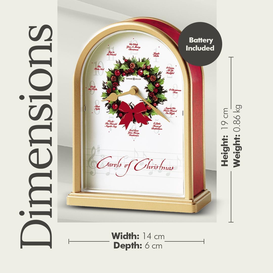 Howard Miller Carols of Christmas II Tabletop Clock – Exclusive Satin Brass Holiday Decor & Chiming Christmas Music Clock with 12 Classic Carols Festive Wreath Design Battery Operated Home Decor