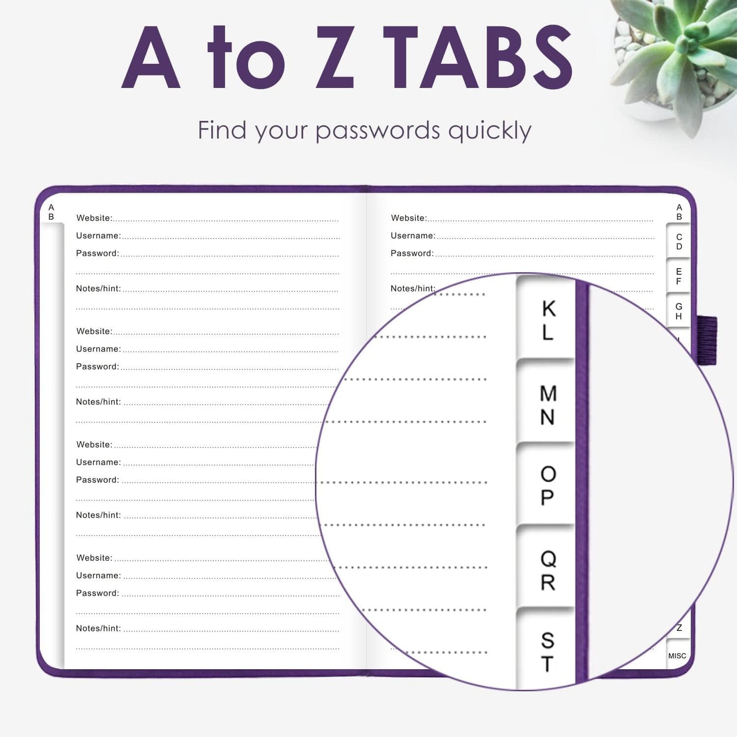 Elegant Password Book with Alphabetical Tabs - Hardcover Password Book for Internet Website Address Login - 5.2" x 7.6" Password Keeper and Organizer w/Notes Section & Back Pocket (Purple)