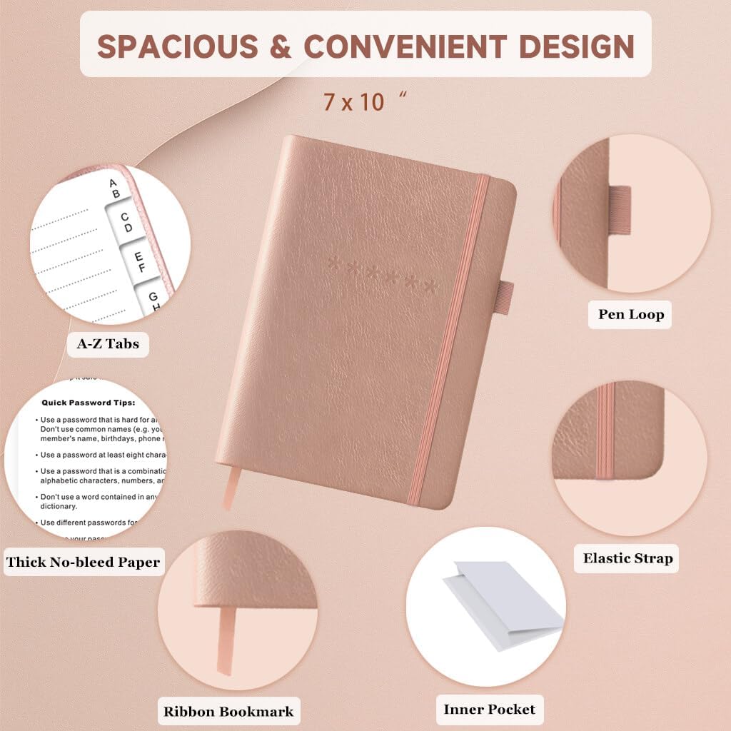 Password Book with Alphabetical Tabs – Hardcover Internet Address & Password Organizer – Password Keeper Notebook for Computer & Website – 7 x 10" Log-in Password Journal w/Thick Paper (Rose Gold)