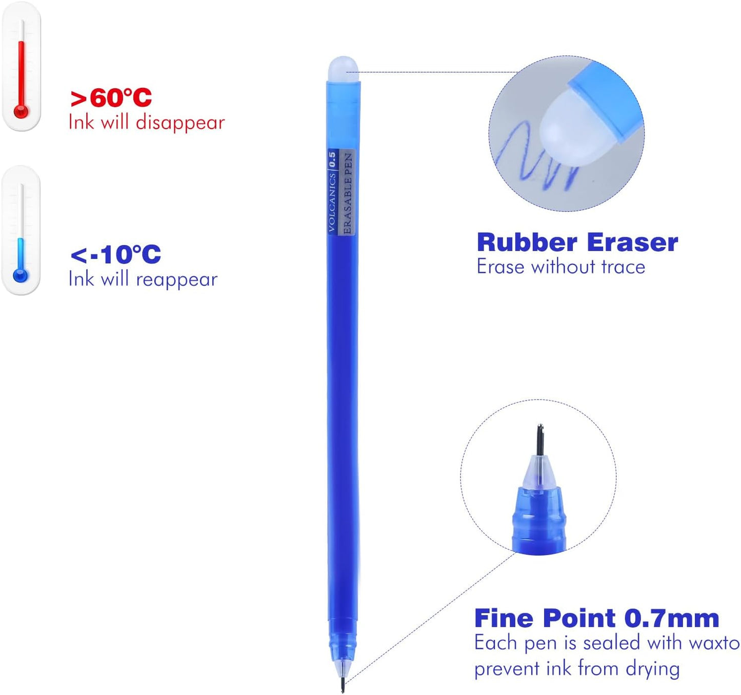 Volcanics Erasable-Gel-Pens Fine Point 0.5 mm, Blue, 30 Pack, Mistakes Dispear, Quick-Drying Ink, No Smudge - Perfect for School, Office, and Home Use