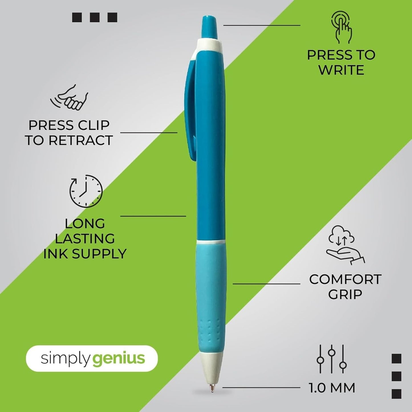 Simply Genius 100-Piece Retractable Ballpoint Pen Set, Bulk Office Supply with Black Ink - Ideal for Schools, Notebooks, Journals & More (Blue Pens Bulk)