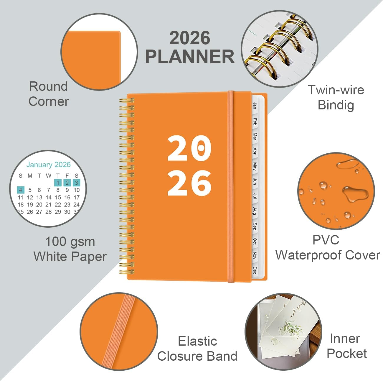 2026 Planner - Planner 2026 from January 2026 - December 2026, Weekly & Monthly Planner Spiral Bound with 12 Monthly Tabs, Inner Pocket, 6.4" x 8.5", Orange-A