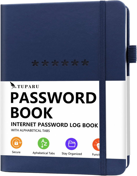 Password Book with Alphabetical Tabs – Hardcover Internet Address & Password Organizer – Password Keeper Notebook for Computer & Website – 7 x 10" Log-in Password Journal w/Thick Paper (Navy Blue)