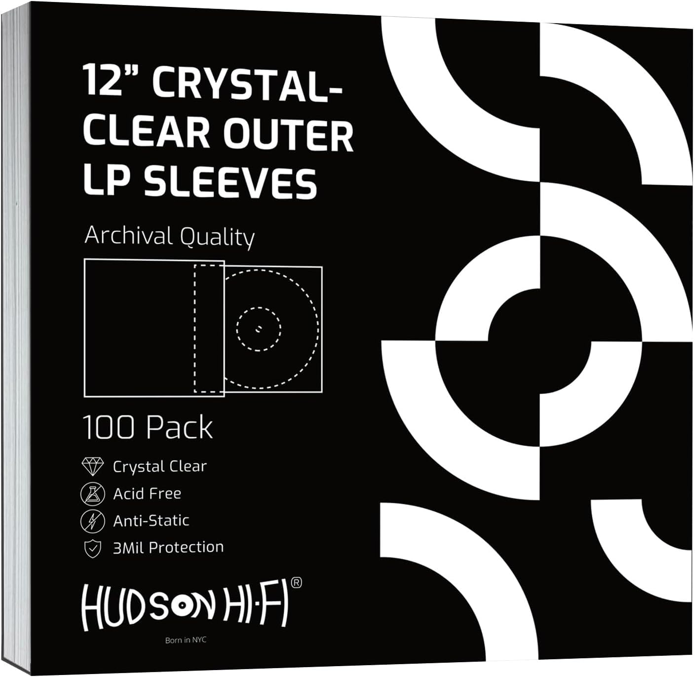 Hudson Hi-Fi Vinyl Record Outer Sleeves Covers - Premium Clear Vinyl Record Sleeve 100-Pack - Protect Your LP Albums from Scratches, Dirt & Dust - 3mm Thick No-Acid Exterior Disc Cover