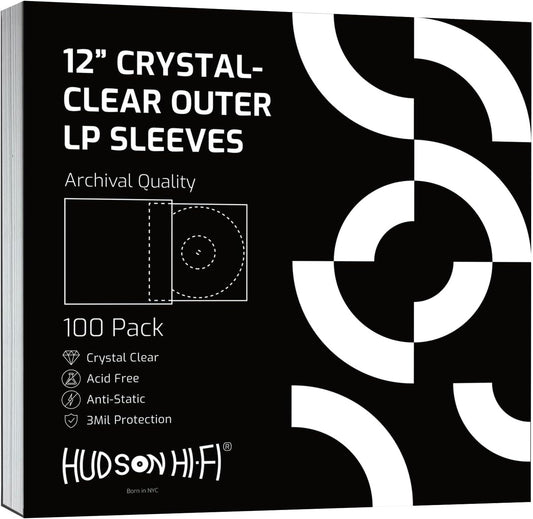 Hudson Hi-Fi Vinyl Record Outer Sleeves Covers - Premium Clear Vinyl Record Sleeve 100-Pack - Protect Your LP Albums from Scratches, Dirt & Dust - 3mm Thick No-Acid Exterior Disc Cover