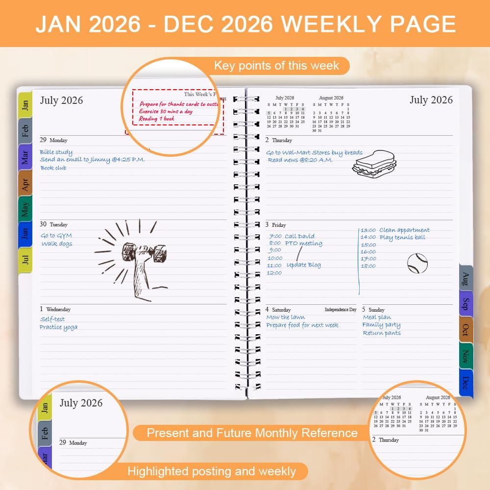 2026 Planner - Weekly & Monthly Planner Runs January 2026 to December 2026, 6.25" x 8.25", 12 Monthly Tabs, 14 Notes Pages, Inner Pocket, Flexible Cover with Twin-Wire Binding, Planners 2026