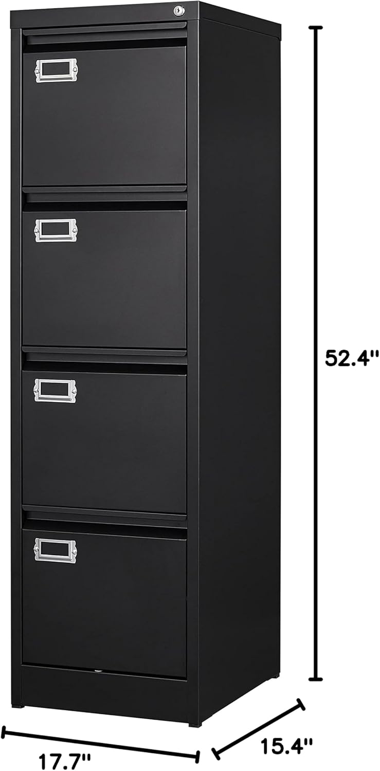 4 Drawer File Cabinet with Lock Metal Vertical File Cabinet Office Home Vertical File Cabinet for A4 Legal/Letter Size Narrow File Cabinet Locked,Assembly Required (Black, 4 Drawers- Vertical)