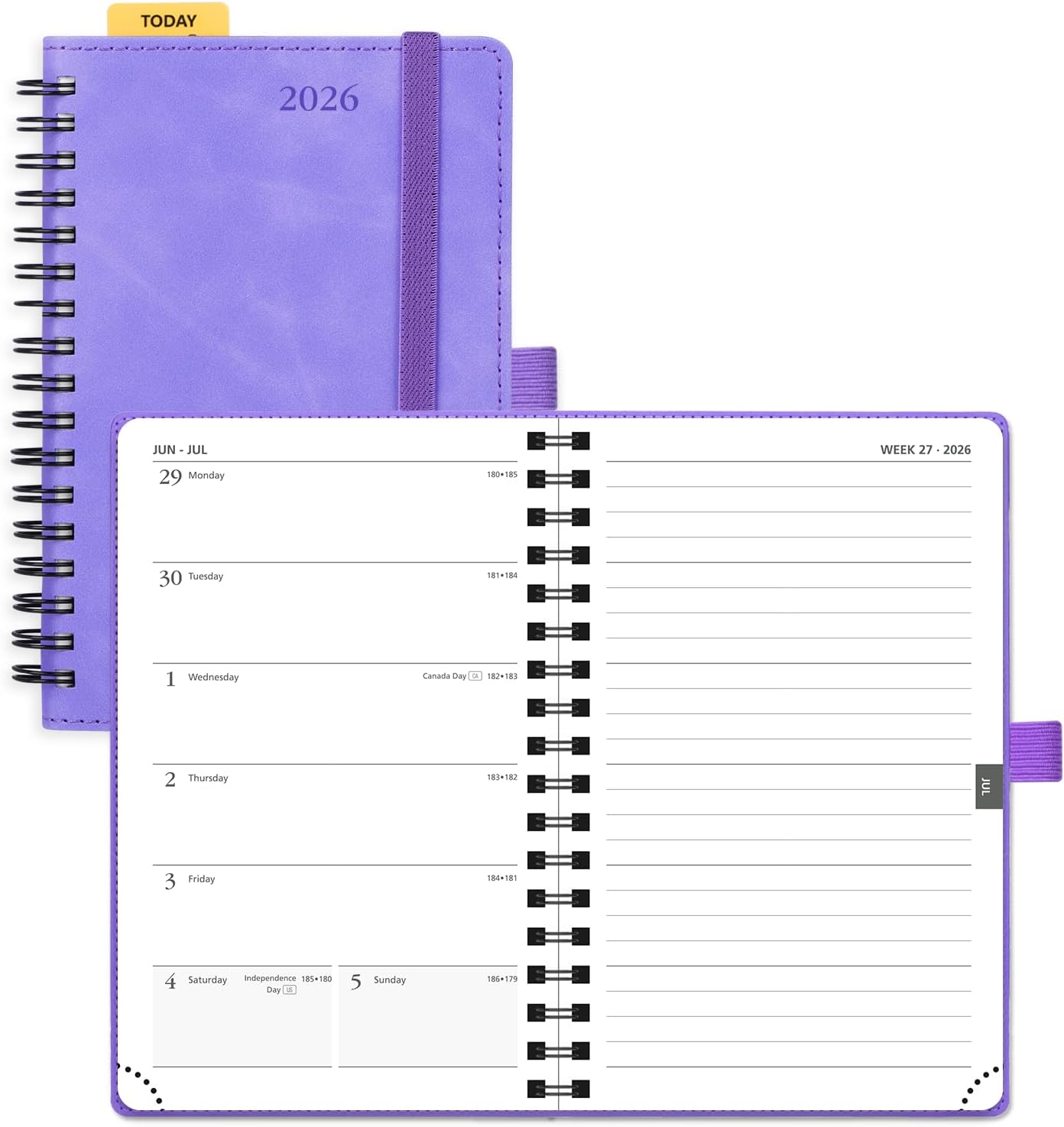 POPRUN 2026 Planner Weekly Notebook (Jan-Dec), Small Size 4''x 6.25'' - 2026 Pocket Calendar for Purse with Spiral Soft Cover, Plastic Ruler, Inner Pocket, 100 GSM - Lilac