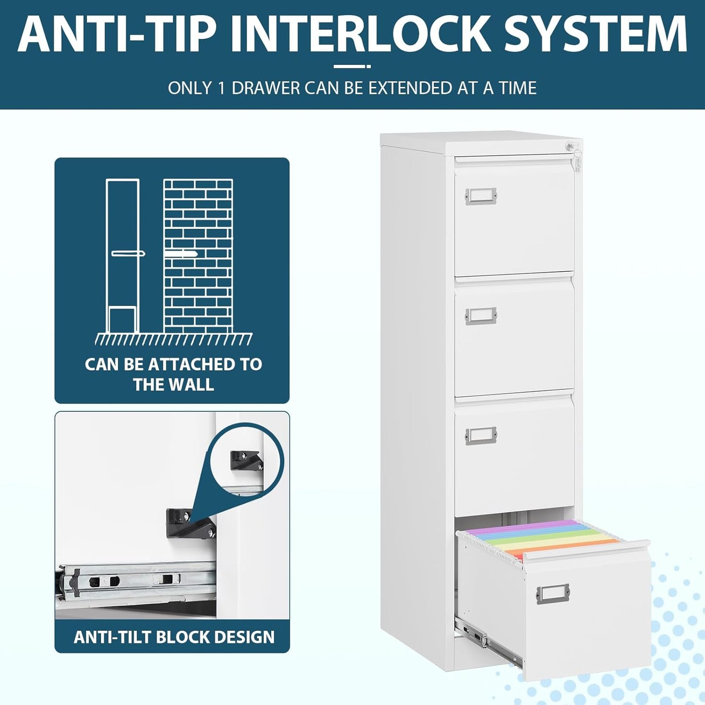 MIIIKO 4 Drawer File Cabinet, White Vertical Filing Cabinets with Lock, Home Office File Folders Storage Cabinet for Letter Legal A4 File Size
