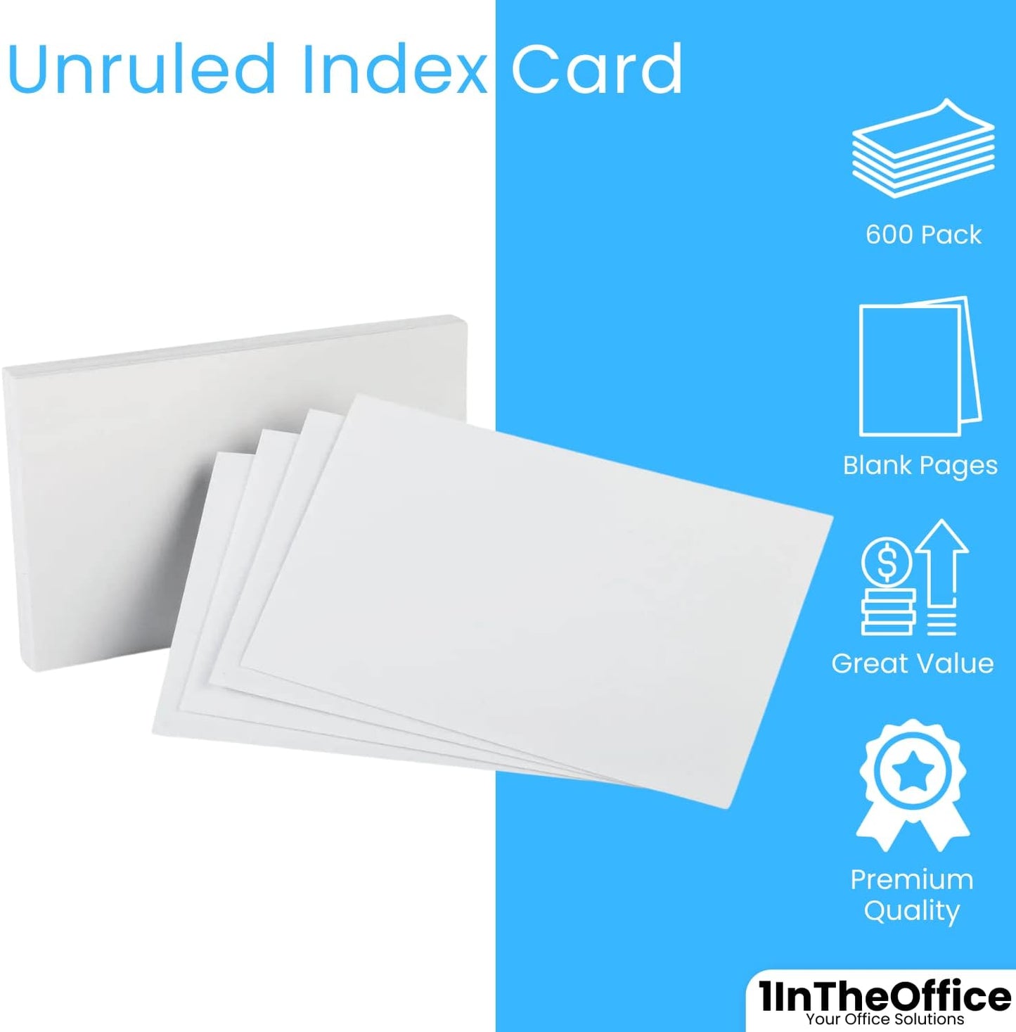 1InTheOffice Index Cards 5x8 blank, Flash Card, Unruled Note Cards 5x8, White, 600-Pack