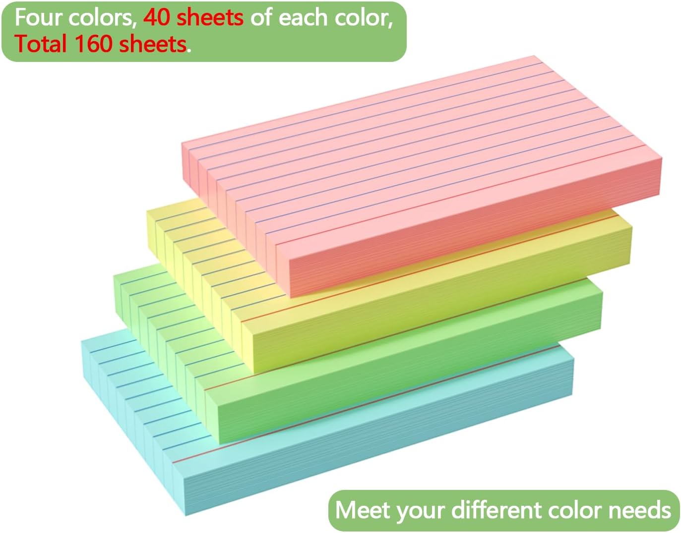 Colored Index Cards 4x6, 160 Pack, Flash Cards for Studying, 66LB Heavy Note Cards for Office, Home and School，Four Colors, Each Color Individually Wrapped, 40 Pack Per Package