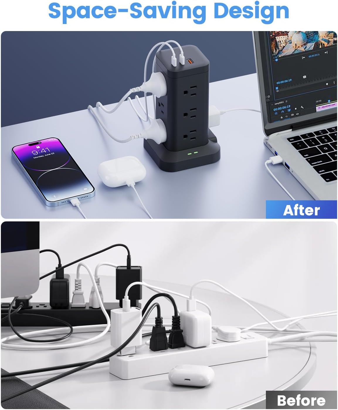 15-in-1 Power Strip Tower with Surge Protector 1800J, Fast Charging Tower PD20W USB-C Ports with 12 AC Outlets, 6ft Extension Cord for Home Office Dorm Room, Black