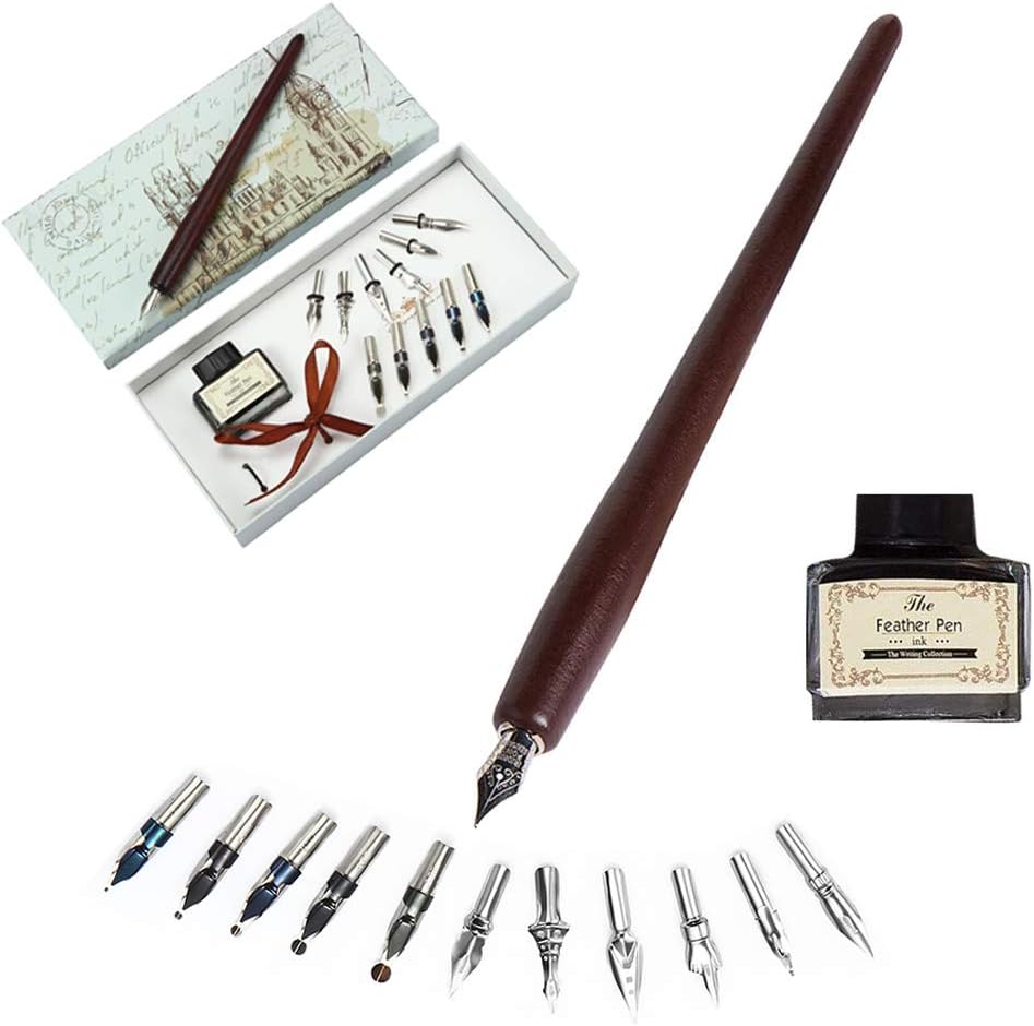 Calligraphy Pens Set -Wooden Dip Pen Handcrafted Calligraphy Set with 11 Nibs & Black Ink