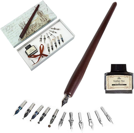 Calligraphy Pens Set -Wooden Dip Pen Handcrafted Calligraphy Set with 11 Nibs & Black Ink