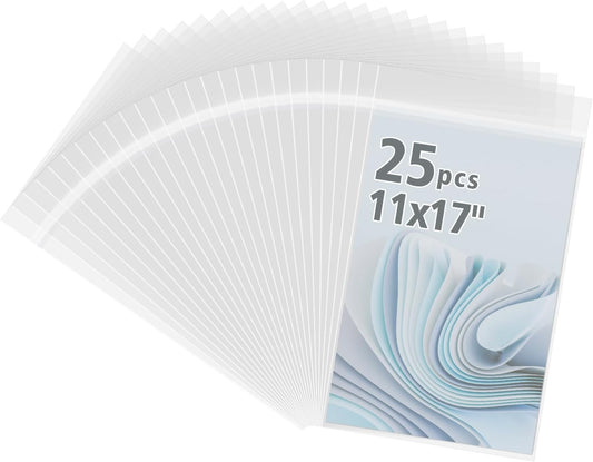 Frametory, 25 Pack 11 3/7" x 17 1/2" Acid-Free Clear Plastic Bags, Self Seal Crystal Photo Sleeves for 11X17 Art Prints, Pictures & Framing Mat Mattes