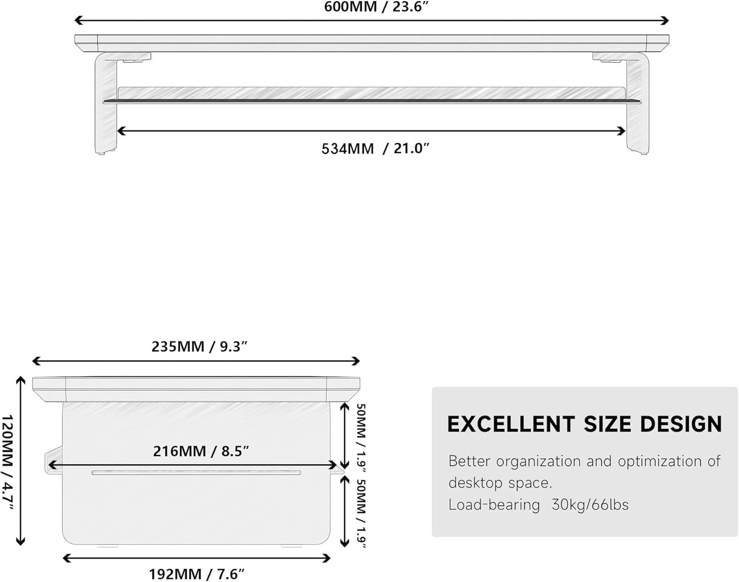 Fenge Acrylic Monitor Stand Riser, 23.6 Inches Monitor Stand with Metal Storage, 2 Tier Acrylic Computer Riser for Desk, Clear Laptop Stand for PC, Laptop, Printer, TV