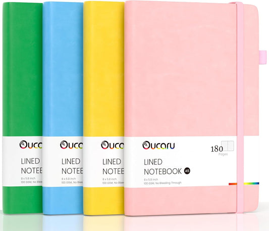 Oucaru Lined Journal Notebook, 4 Pack, 180 Pages, A5 Journals for Writing, 100 GSM Thick Paper, Small Notebooks Daily Journal for Women Men Work, Business, School, Travel Supplies