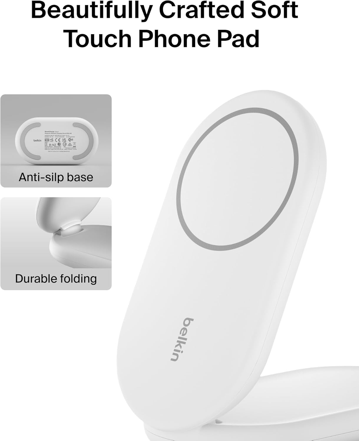 Belkin MagSafe-Compatible Charger, 2-in-1 Magnetic Foldable Charger 15W - Qi2-Certified Wireless Charging for Apple iPhone 16, Apple Watch, Samsung Galaxy S25 w/Non-Slip Base, PSU Included - White