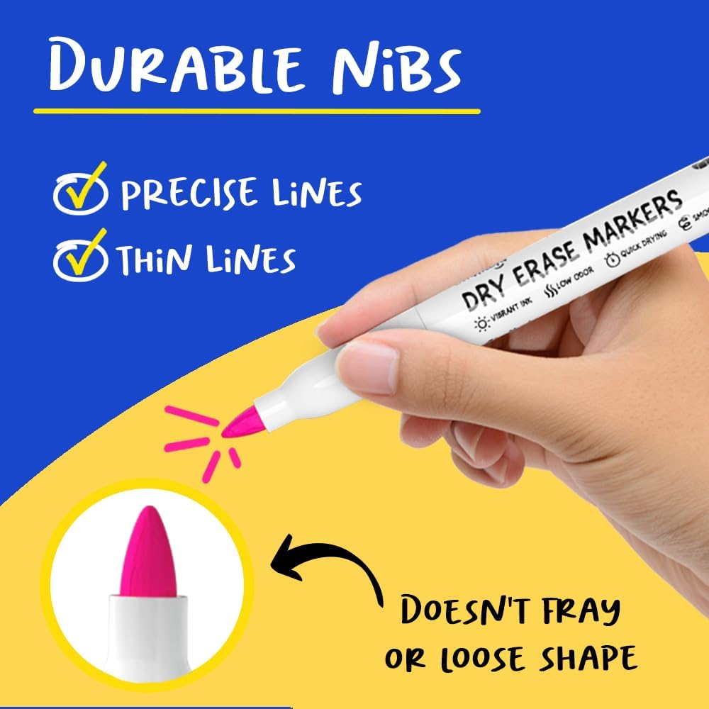 Chalkola 60 Fine Tip Dry Erase Markers Bulk (60 Pack, 12 Colors) | Non toxic, Low Odor Whiteboard Markers for Kids, Teachers, Office, School, Classroom Supplies - Thin Point White Board Dry Erase Pens