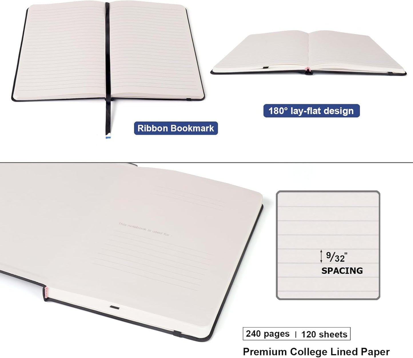 Comix 6 Pack Lined Journal Notebooks for Work, 240 Pages, 5.5"x8.3", Black, Hardcover, A5 Medium College Ruled, Journaling Notebooks for Notes-taking, Fits for Office School Home