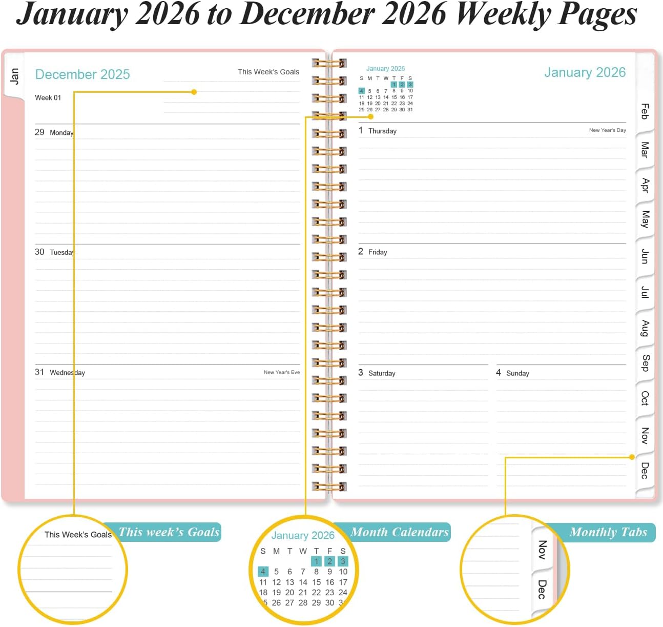 2026 Planner - Planner 2026 from January 2026 - December 2026, Weekly & Monthly Planner Spiral Bound with 12 Monthly Tabs, Inner Pocket, 6.4" x 8.5", Pink-A
