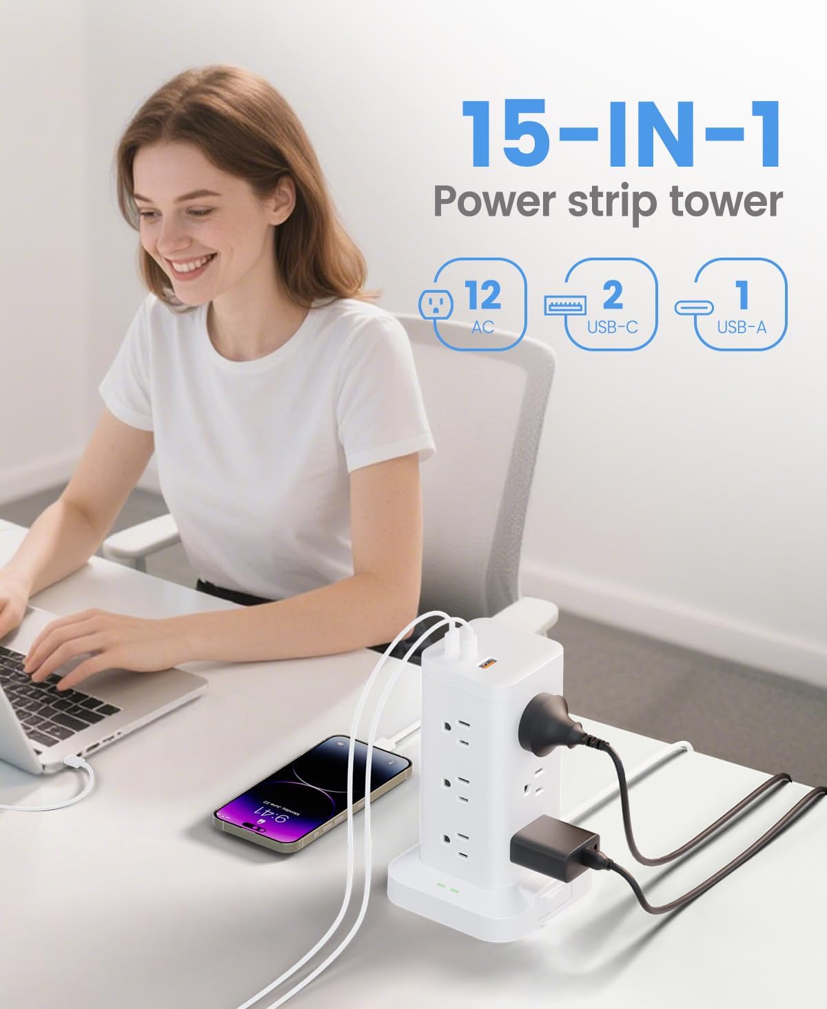 15-in-1 Power Strip Tower with Surge Protector 1800J, Fast Charging Tower PD20W USB-C Ports with 12 AC Outlets, 9.8ft Extension Cord for Home Office Dorm Room, White