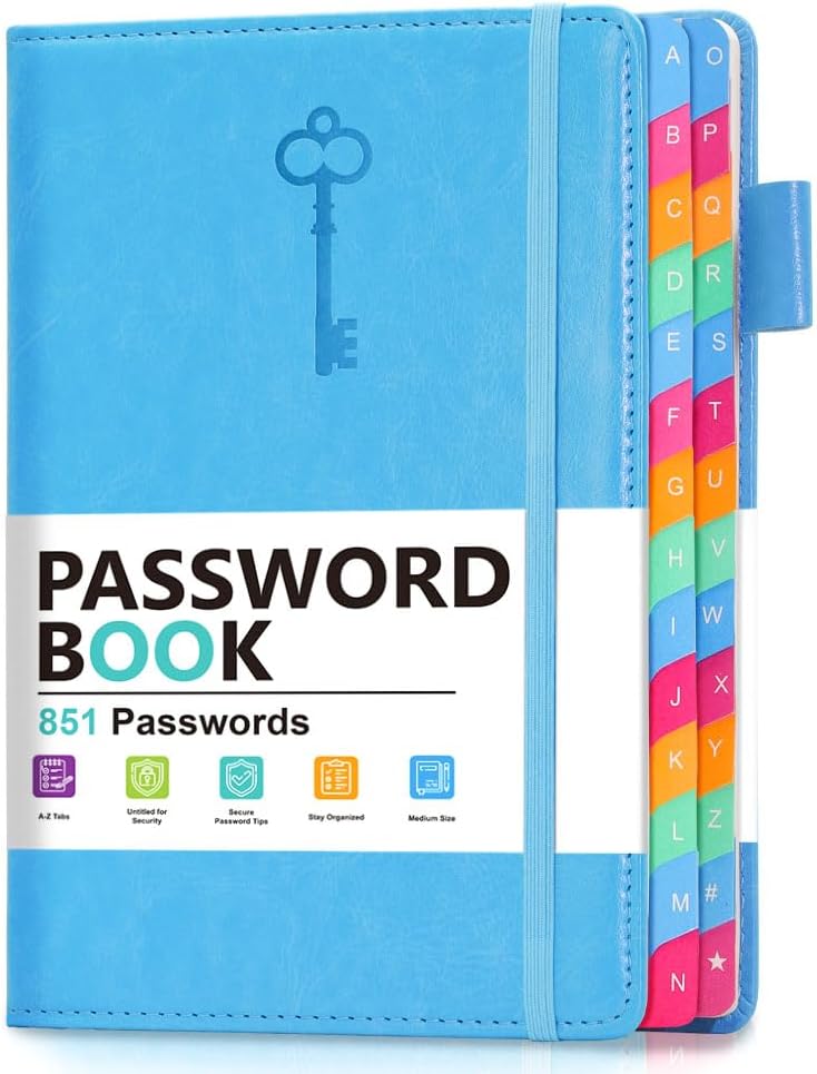 Password Keeper Book with Colorful Alphabetical Tabs, Hardcover Password Log-Book for Internet Password and Website Address, 5.8"×8.4" Password Notebook for Home Office (Blue)
