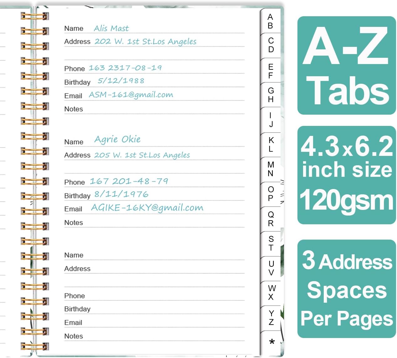 Address Book with Alphabetical Tabs - Small Address Book Spiral with Address Contacts, Special Date, Phone, Birthday & Internet Login Password for Home and Office, 4.3" x 6.2", Teal Flowers