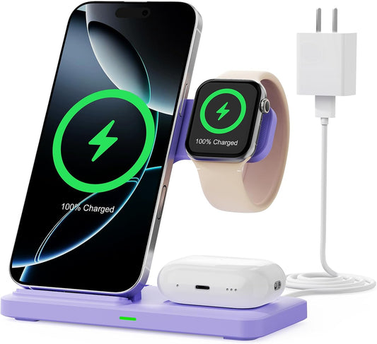 2025 3 in 1 Wireless Charger for iphone17 16 15 14 13 12 11 XR 8, Apple Charging Station for Apple Watch 10/9/Ultra/8/7/SE/6/5/4 & AirPods Series, Wireless Charging Station for Multiple Devices Apple