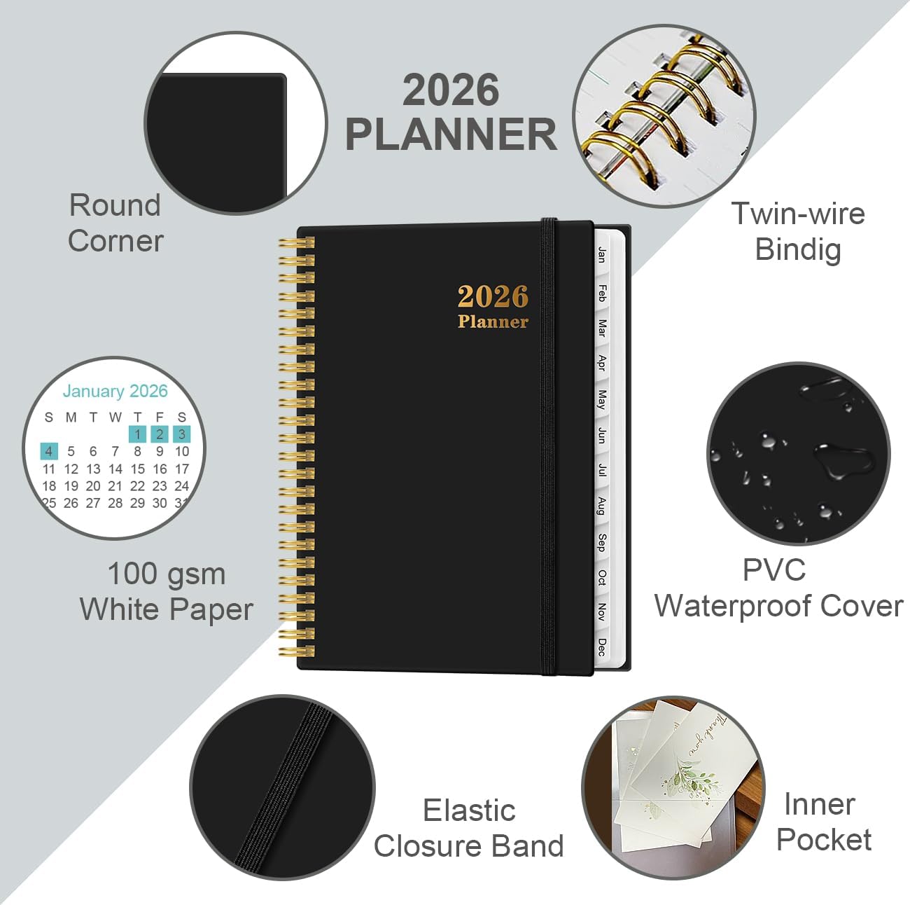 2026 Planner - Weekly and Monthly Calendar Planner from Jan 2026 - Dec 2026, Planner 2026 Spiral Bound with 12 Monthly Tabs, Inner Pocket, Perfect for School Office Supplies, 6.4" x 8.5", Black